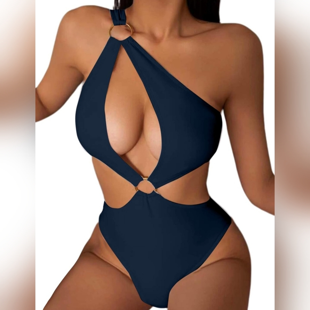 Women's O-Ring Cutout Halter One Piece Swimsuit High Cut Size S